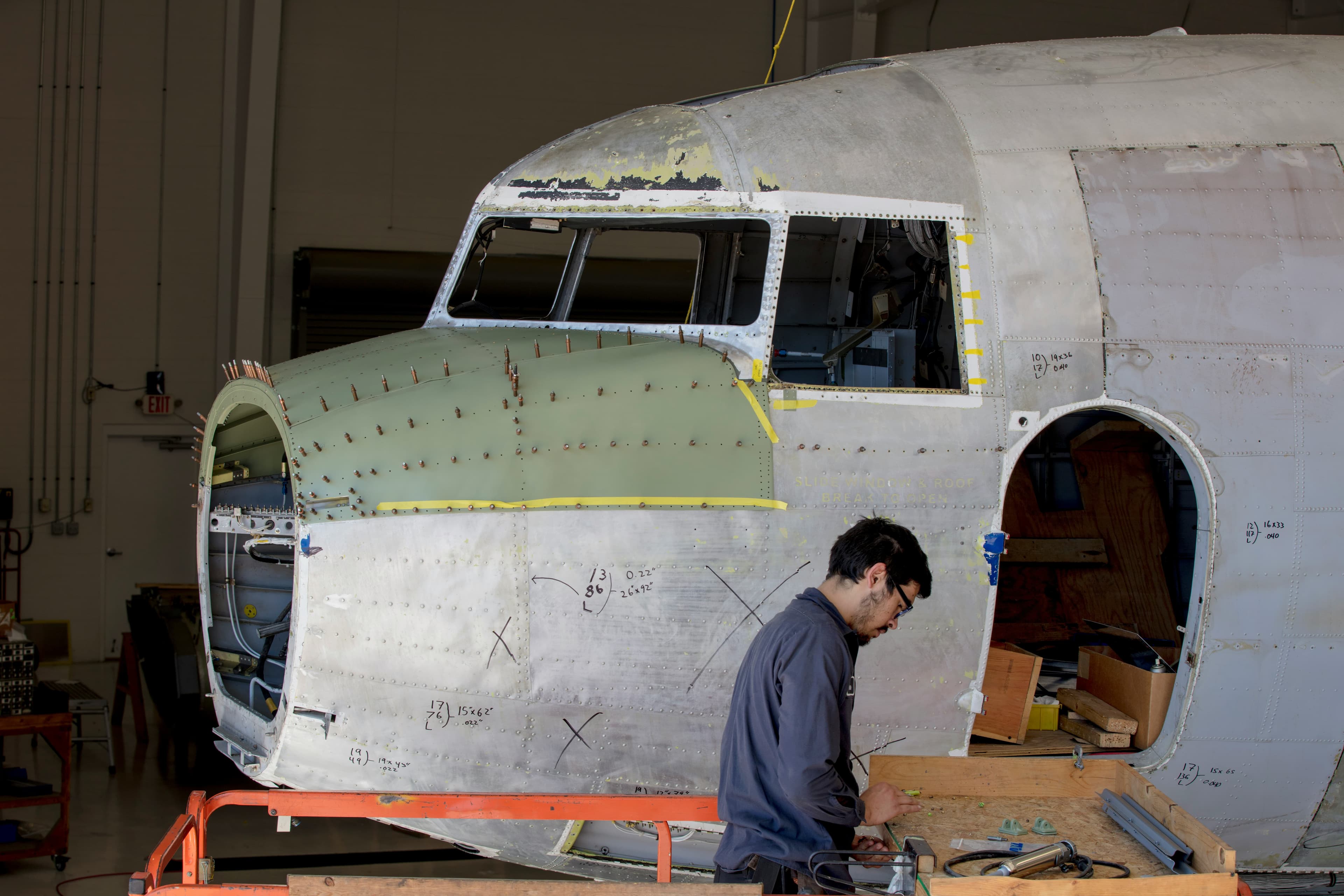 Structural repair work on a commercial aircraft